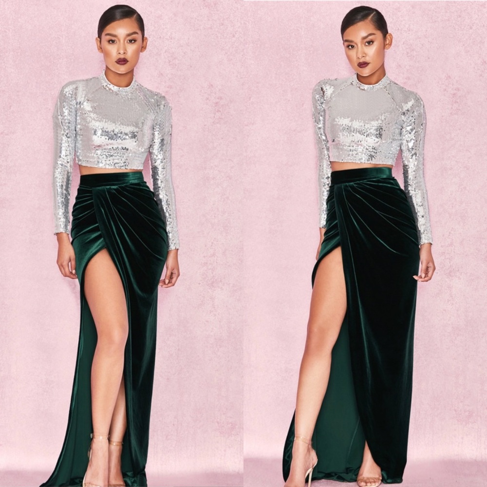 House of CB 'THERINA' EMERALD VELVET THIGH SPLIT MAXI SKIRT